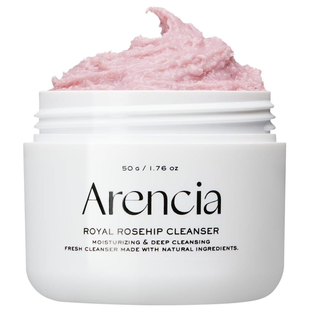 Arencia Rosehip Brightening Rice Mochi Cleanser jar shows creamy texture for gentle cleansing and hydration.