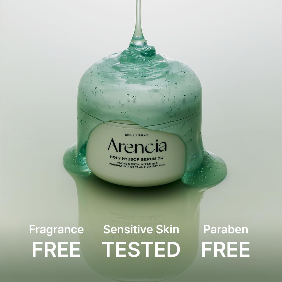 Arencia Glow Hyssop sensitive-skin friendly formula shown in calm, safe application.