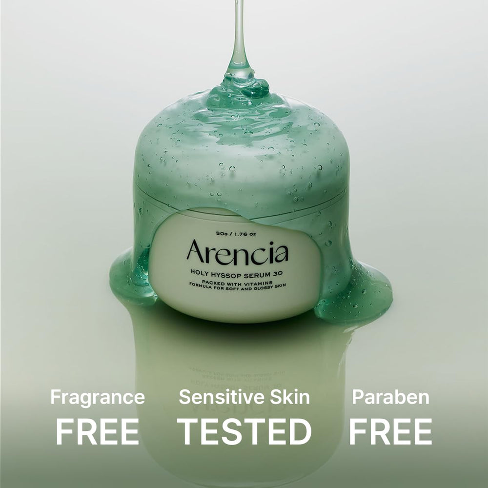 Arencia Glow Hyssop sensitive-skin friendly formula shown in calm, safe application.