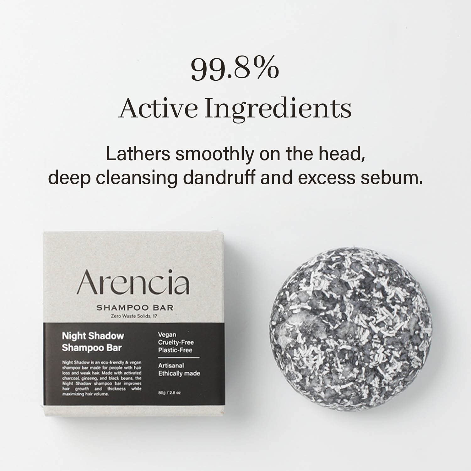 ARENCIA Night Shadow shampoo bar texture close-up shows artisanal quality.