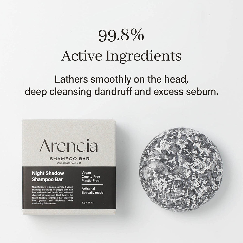 ARENCIA Night Shadow shampoo bar texture close-up shows artisanal quality.