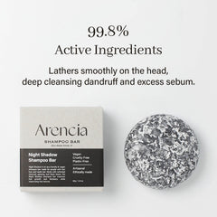 ARENCIA Night Shadow shampoo bar texture close-up shows artisanal quality.