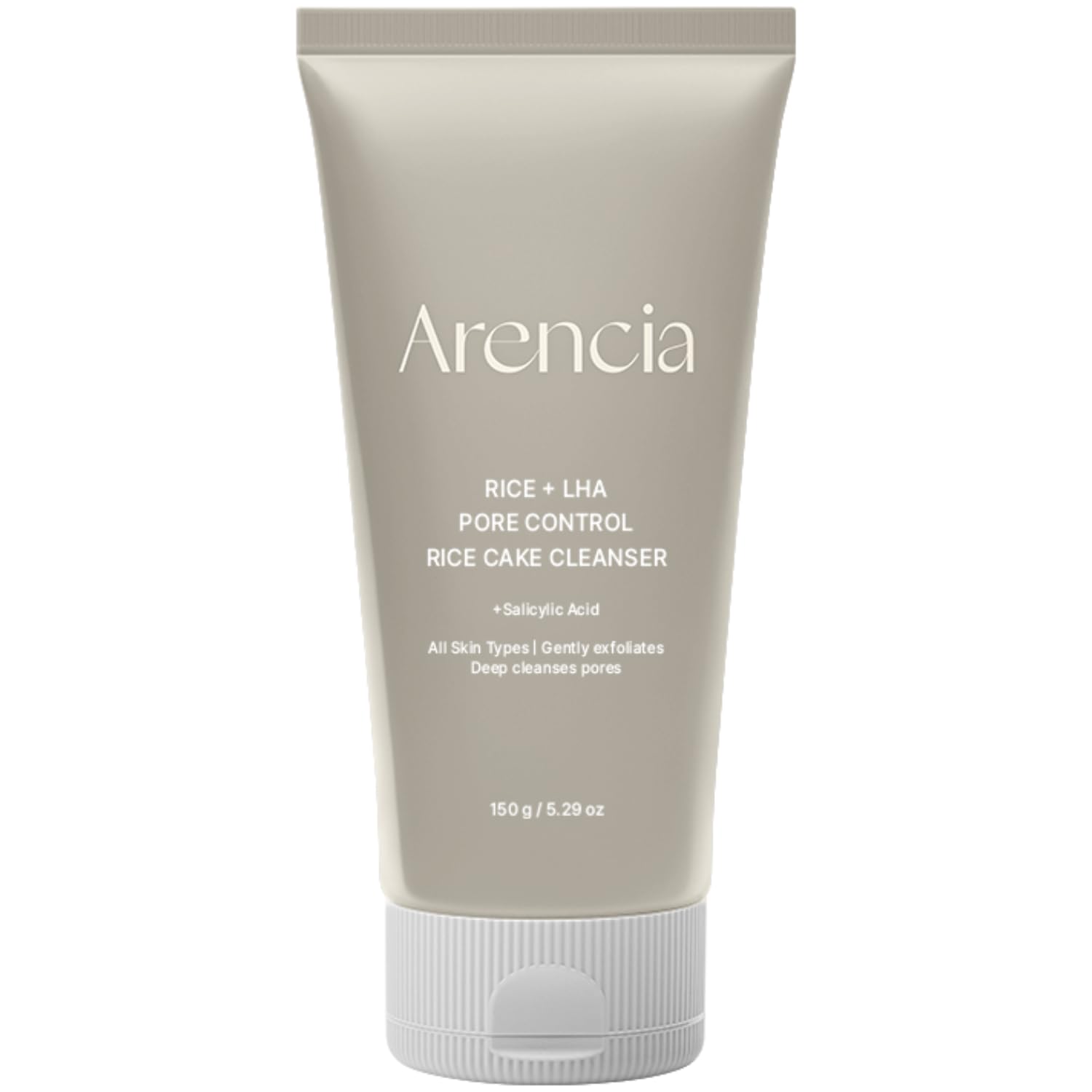 ARENCIA Rice Cake Cleanser packaging shows a sleek bottle for daily use