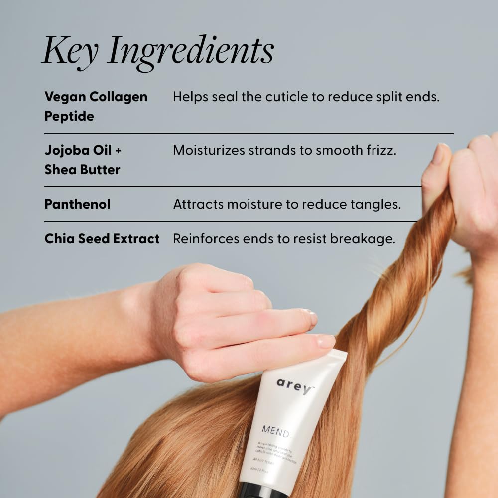 Arey Mend heat protectant with chia seed oil highlighting hydration and smoothness.