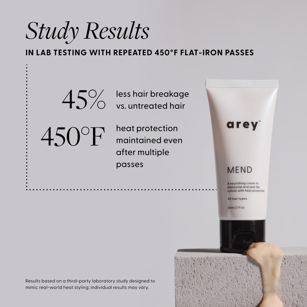 Arey Mend vegan-collagen visual highlighting reduced split ends.