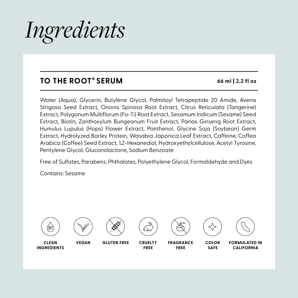 Arey To The Root Hair Serum ingredients card highlights Mela-9 Complex and peptides for scalp support.