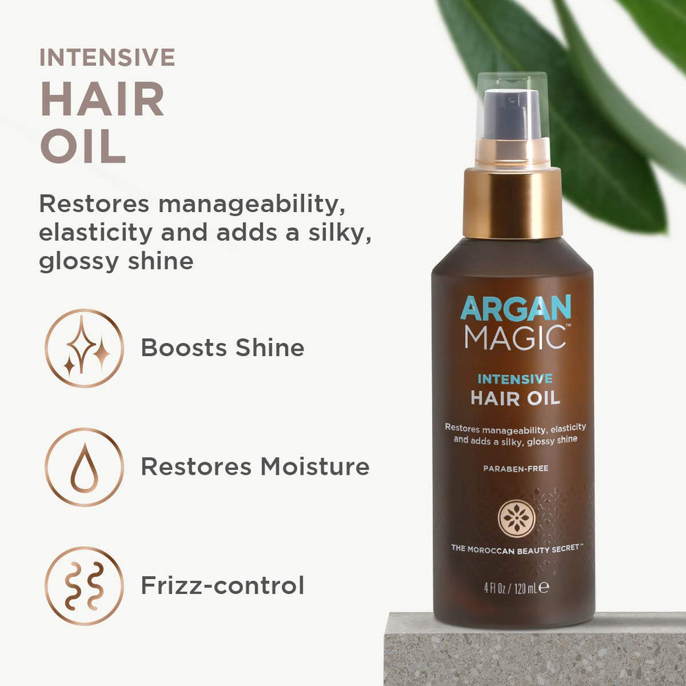 Argan Magic Intensive Hair Oil applied to damp hair for detangling and softness.