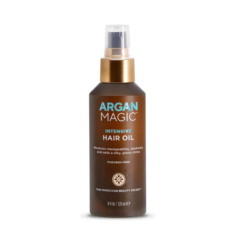 Argan Magic Intensive Hair Oil being applied to hair signals conditioning and elasticity support.