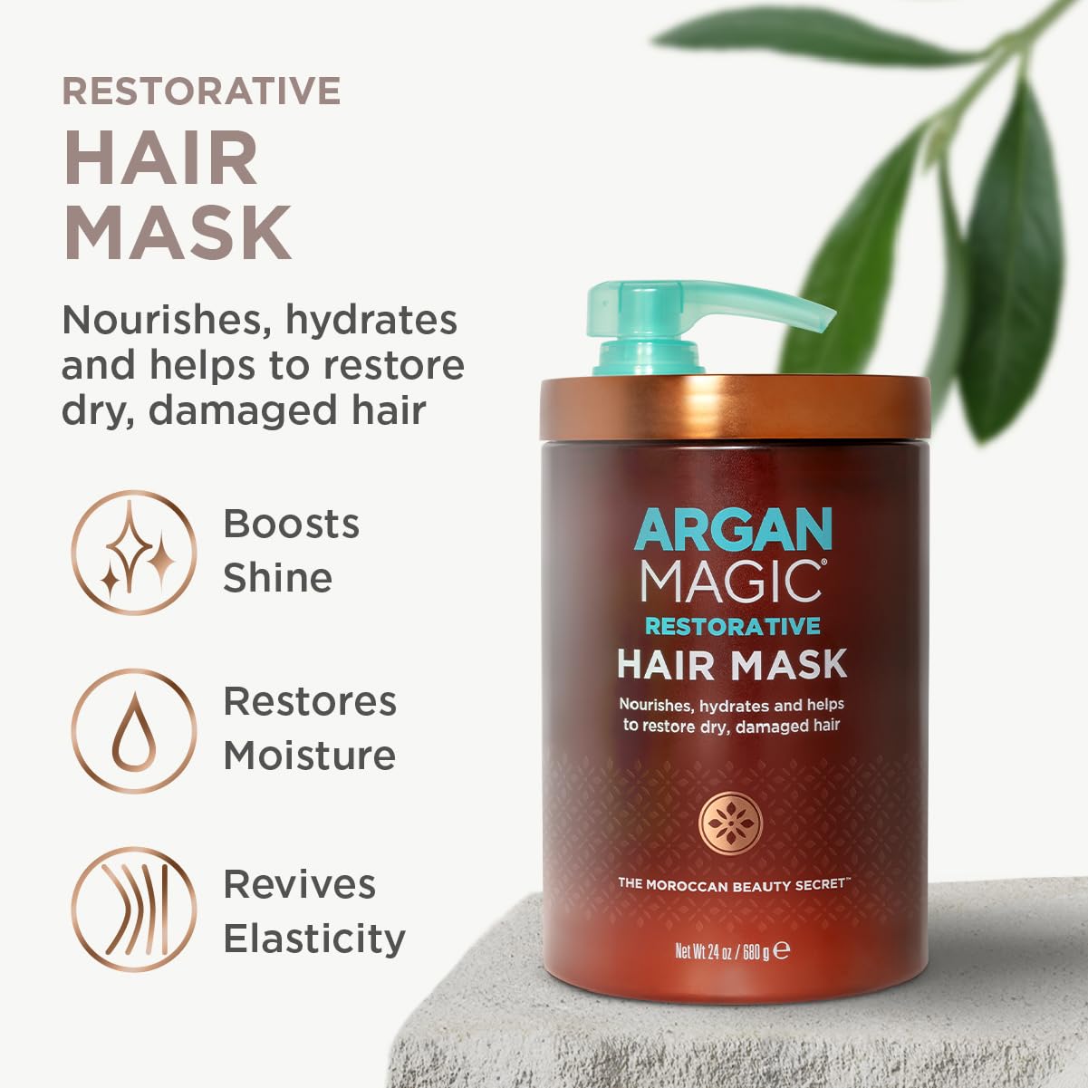 Argan Magic Restorative Hair Mask application demonstrates frizz control and shine boost