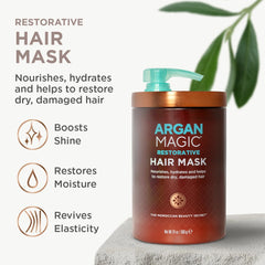 Argan Magic Restorative Hair Mask application demonstrates frizz control and shine boost