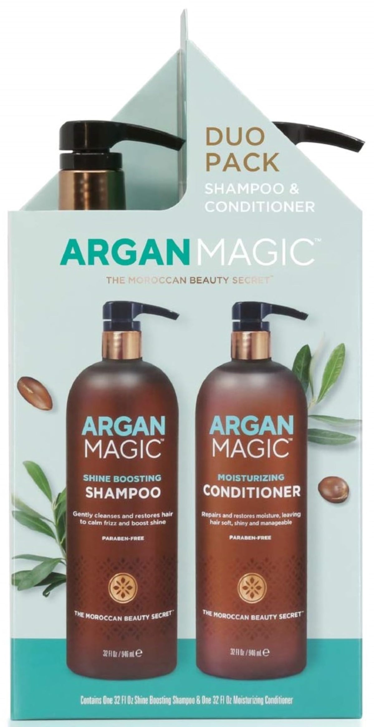 Argan Magic Shine Boosting Shampoo bottle highlights Argan Oil for glossy, frizz-controlled hair.