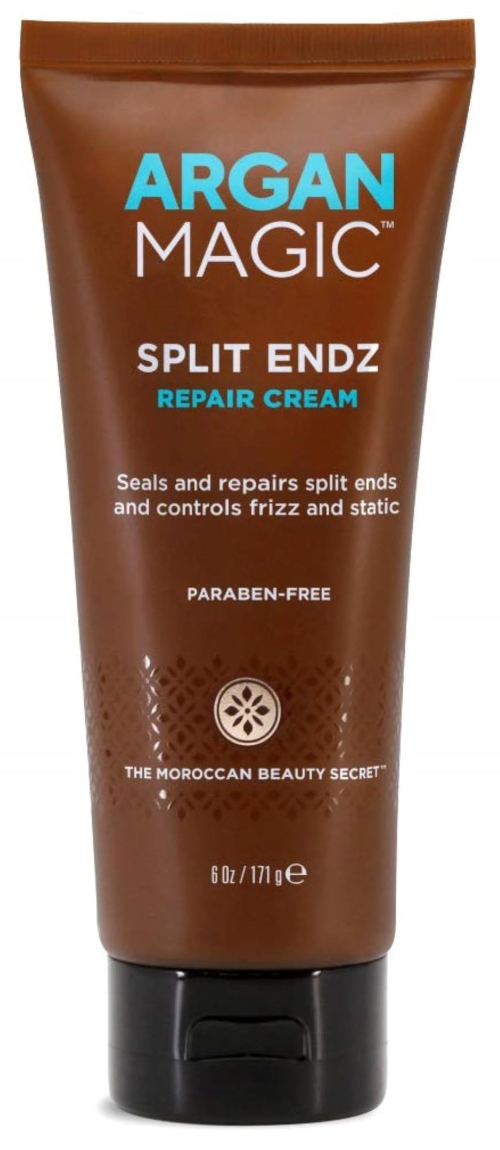 Argan Magic Split Endz Cream bottle demonstrates end-seal action for smoother hair.