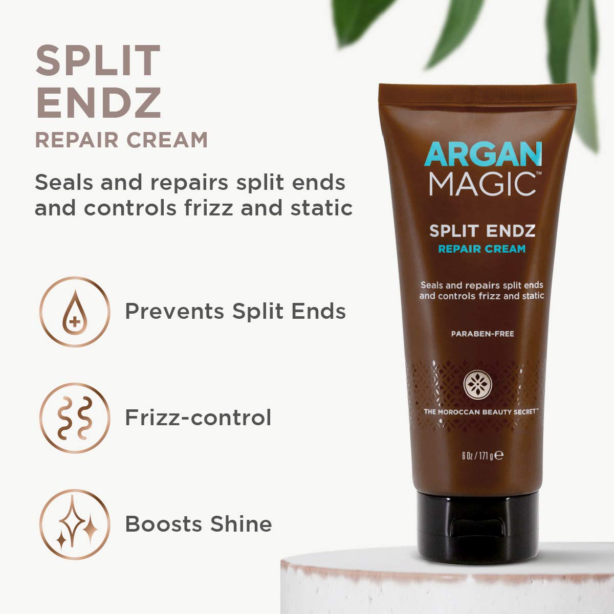 Argan Magic Split Endz Cream close-up seals split ends for a polished look.