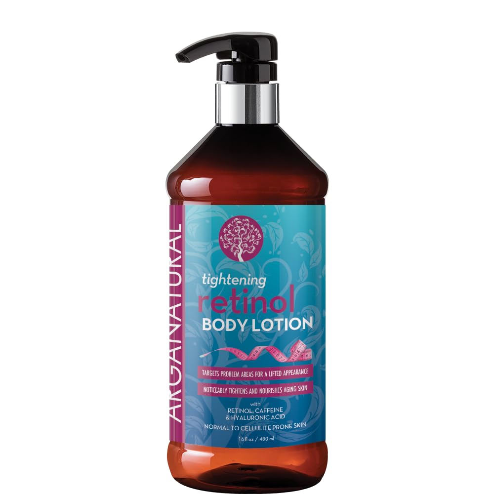 Arganatural Retinol Body Lotion bottle shows vitamin E hydration for nourished skin.