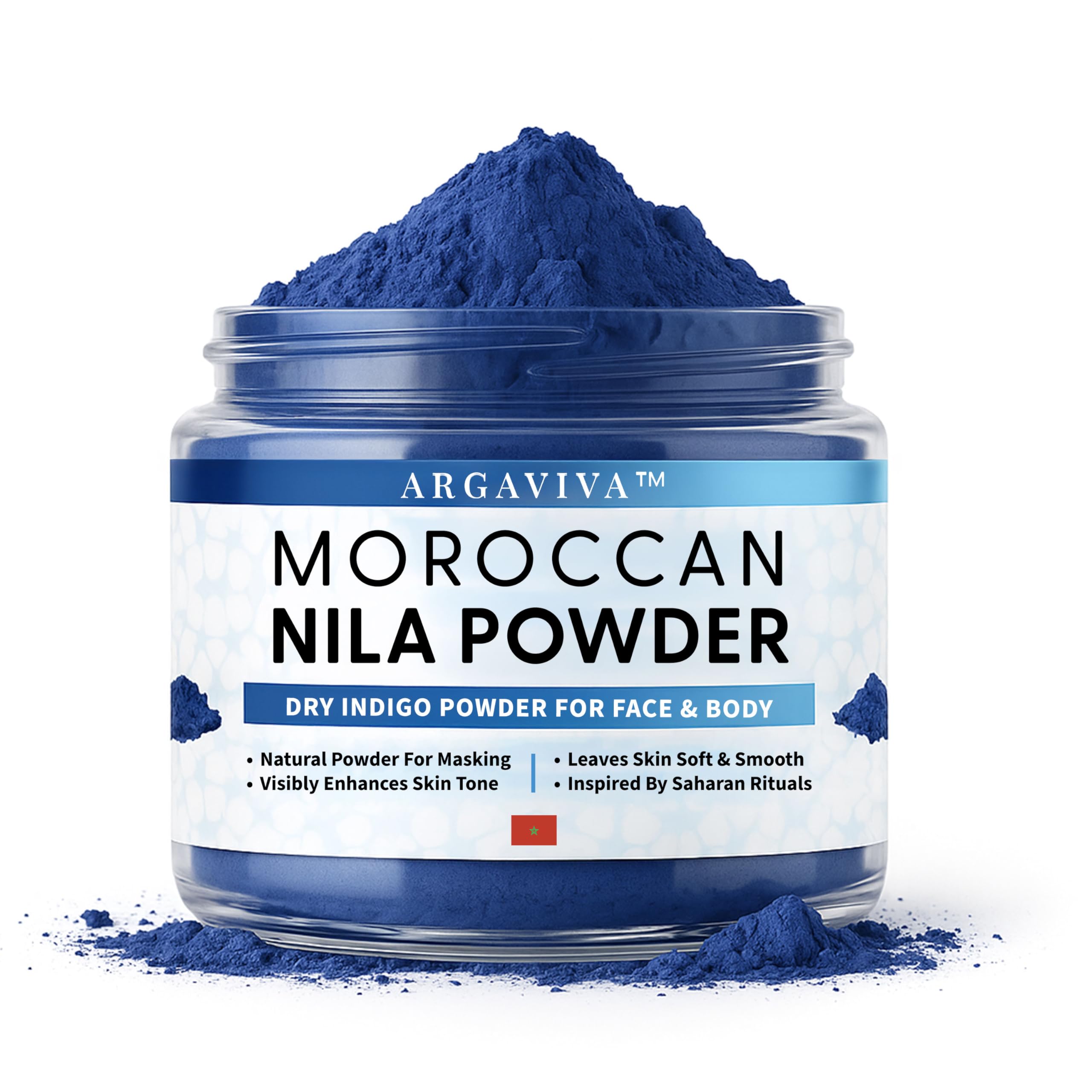 Argaviva Moroccan Nila Powder packaging in blue hue, fragrance-free for sensitive skin.