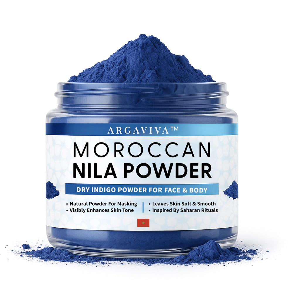 Argaviva Moroccan Nila Powder packaging in blue hue, fragrance-free for sensitive skin.