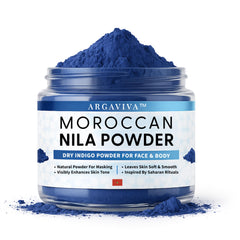 Argaviva Moroccan Nila Powder packaging in blue hue, fragrance-free for sensitive skin.