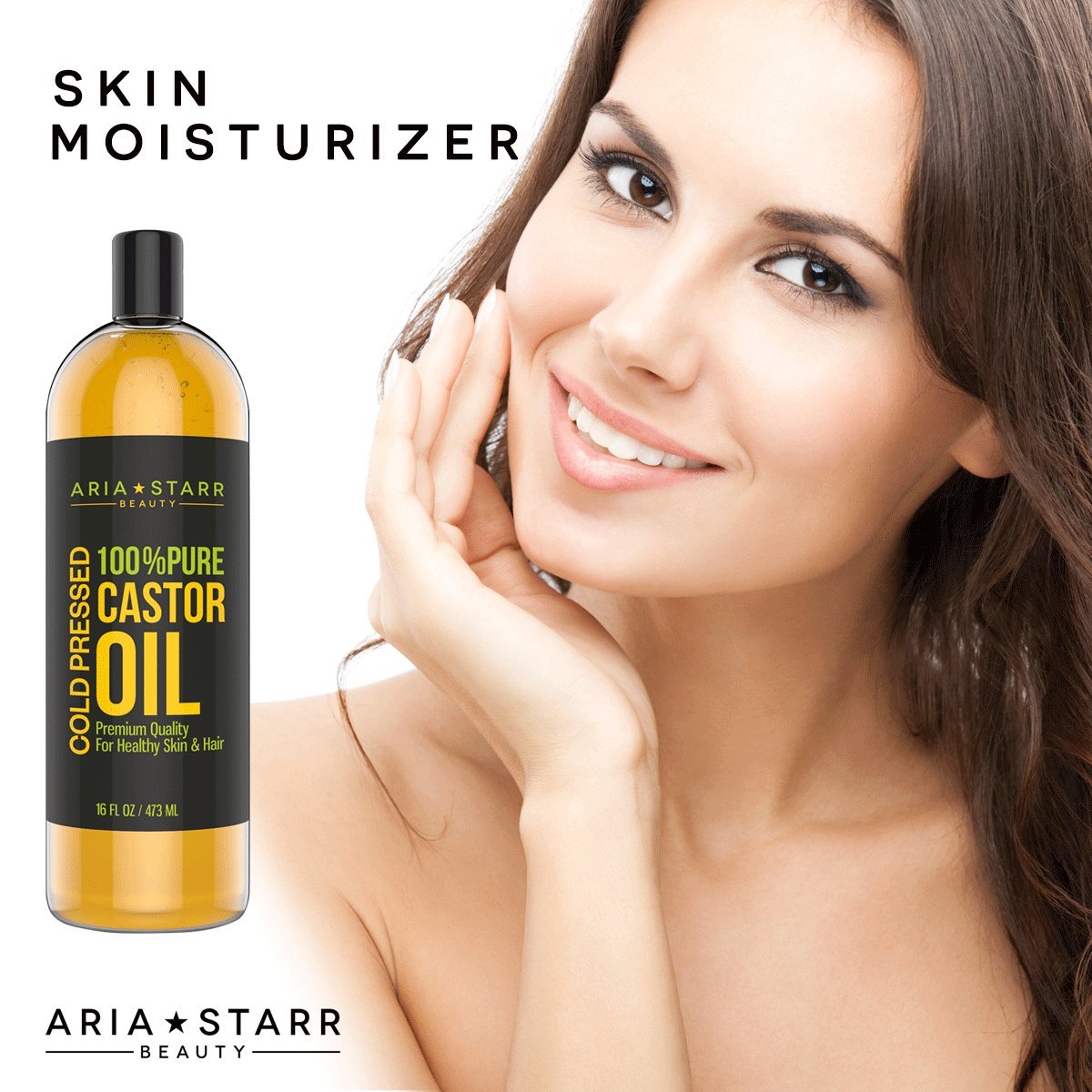 Aria Starr Castor Oil 16oz bottle supports skin and hair care routines.