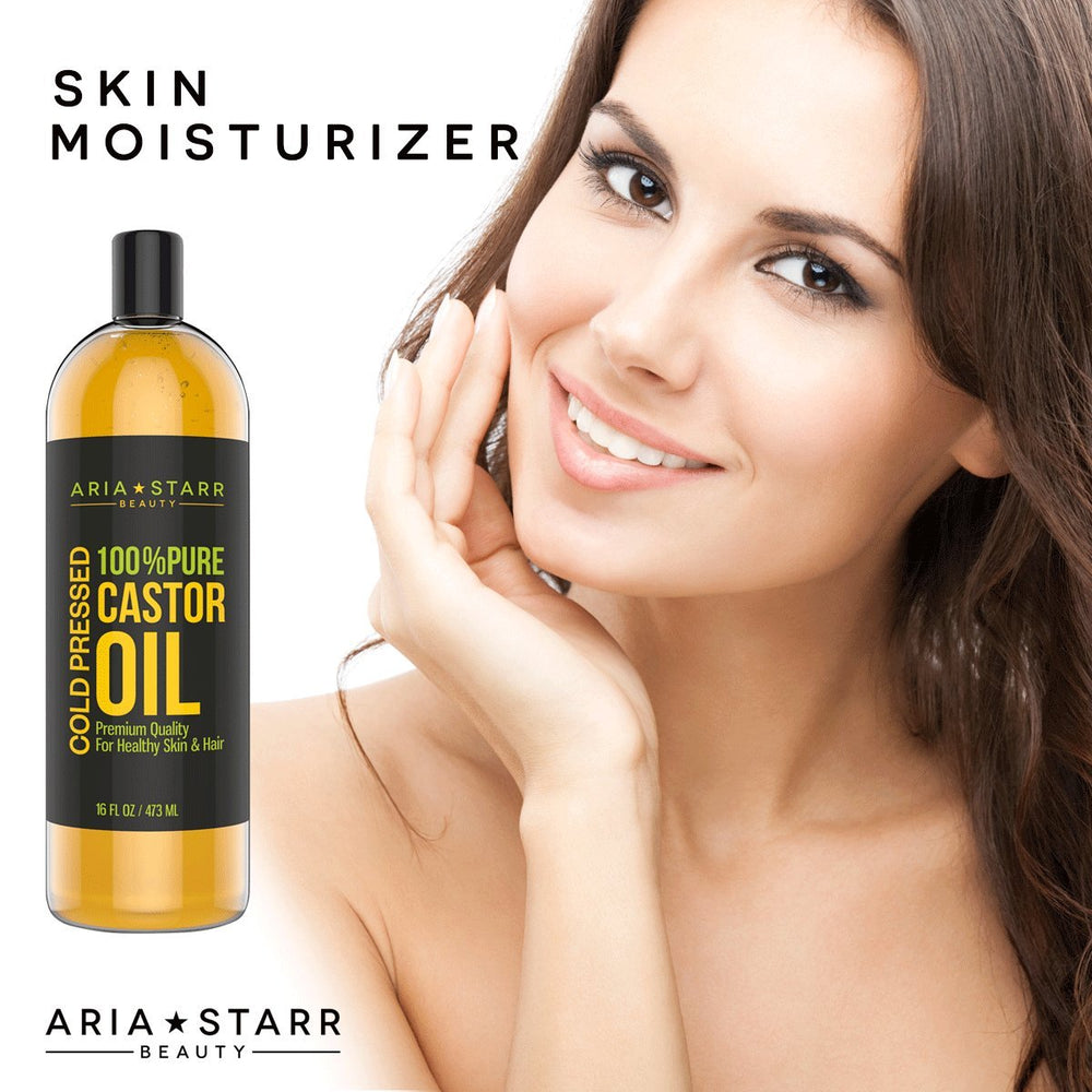 Aria Starr Castor Oil 16oz bottle supports skin and hair care routines.