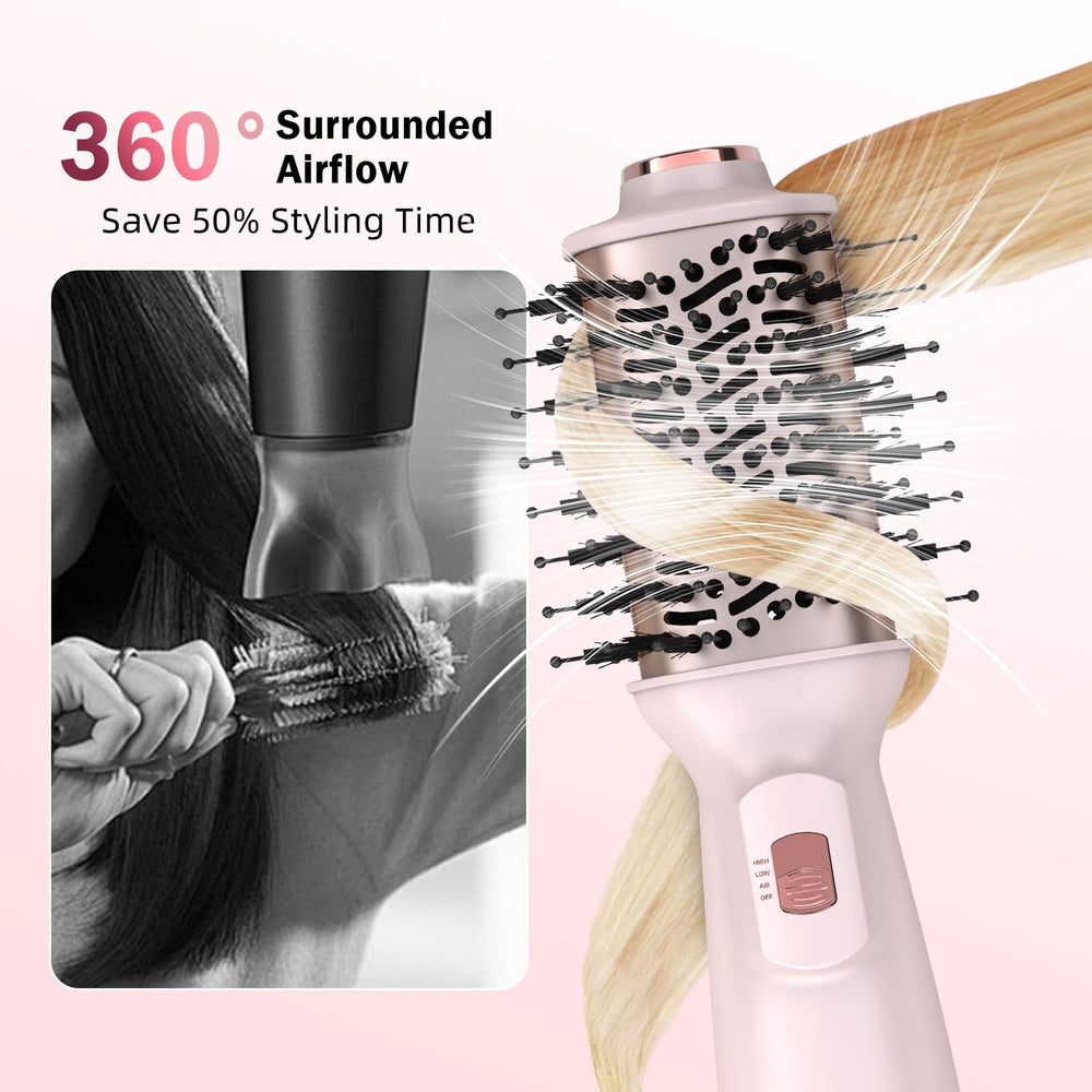 Ariellagou compact hair dryer brush highlights 3 heat settings and 2 speeds for versatile styling.