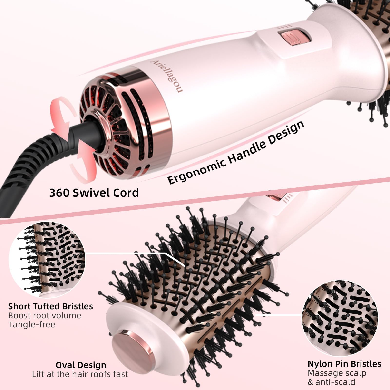 Ariellagou 4-in-1 styling mini shows drying, brushing, straightening, curling in one tool.