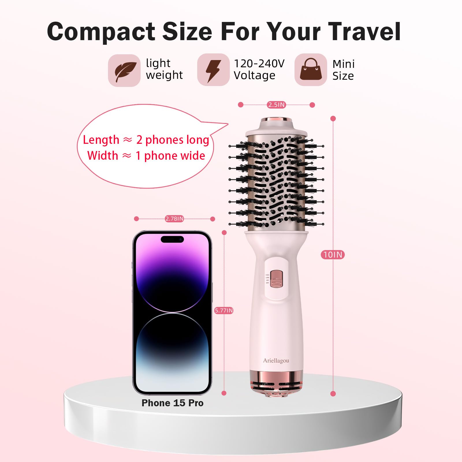 Ariellagou mini dual-voltage dryer brush side view highlights compact design for effortless one-handed use.