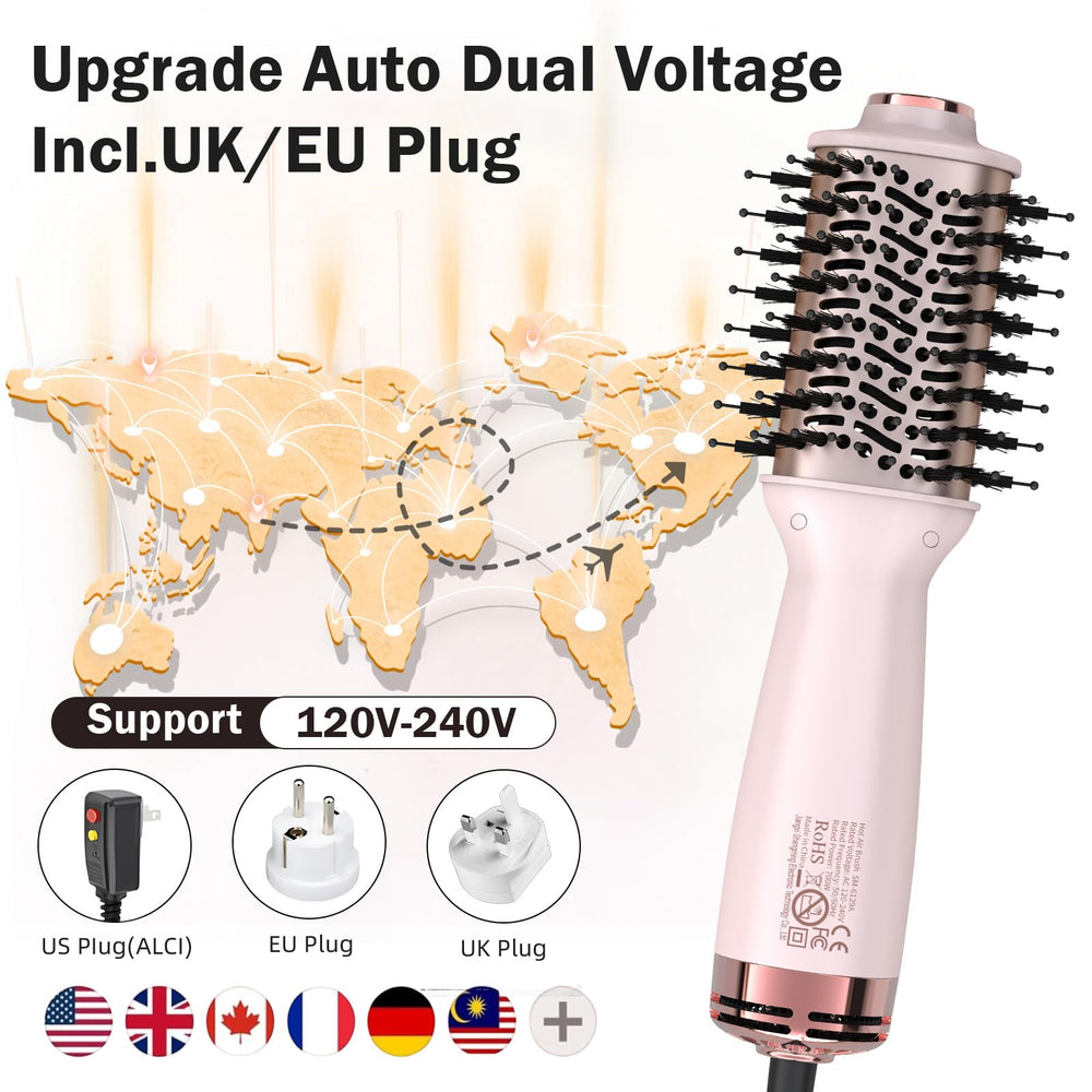 Ariellagou travel hair dryer brush with EU plug emphasizes global compatibility for continent travel.