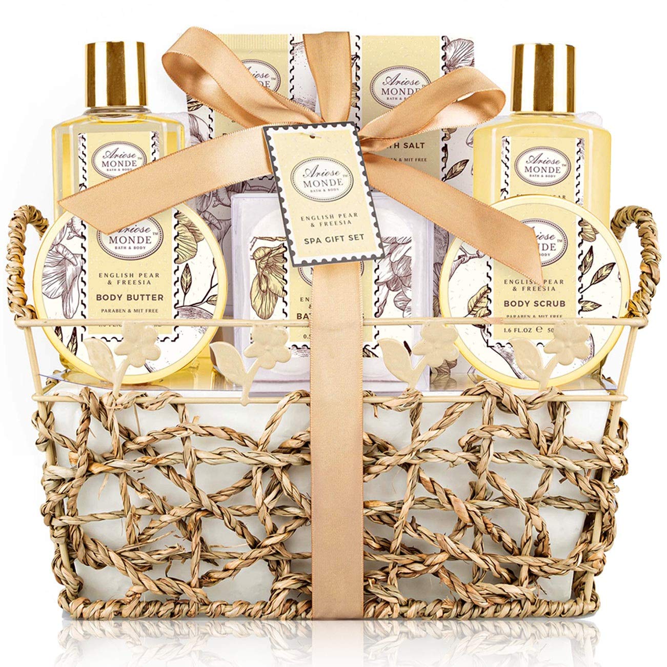 ArioseMonde bath gift basket front view, perfect for gifting or personal pampering routines.