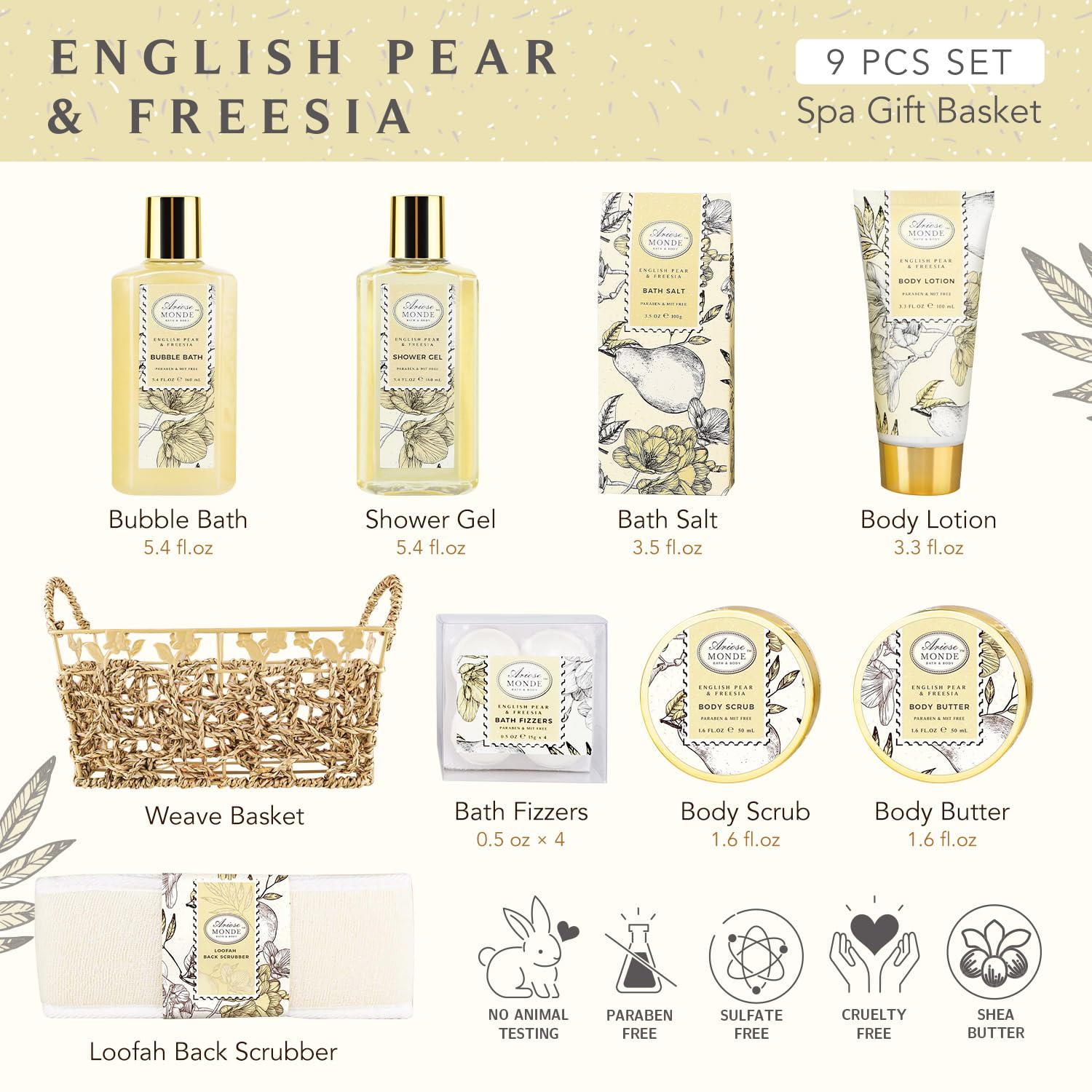 ArioseMonde gift-basket interior layout showcasing nine-piece spa set.