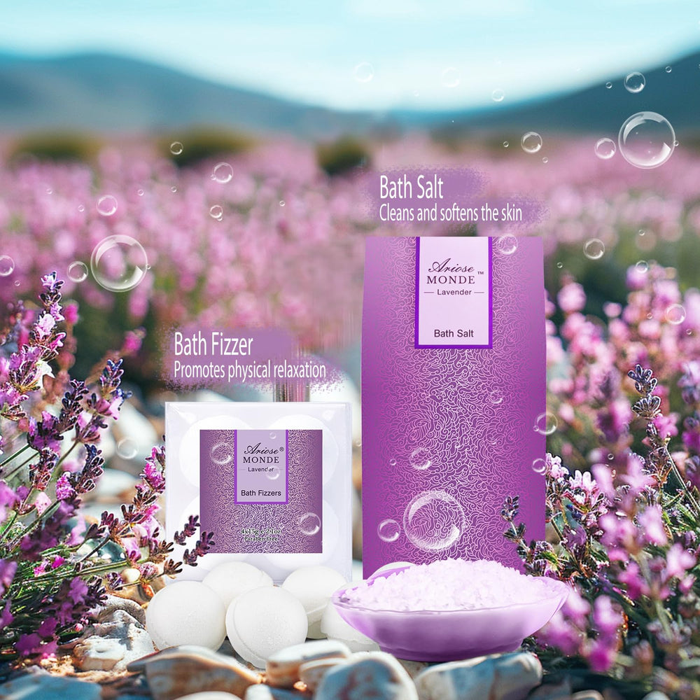 ArioseMonde lavender bath salts and bath bombs — calming soak scent.