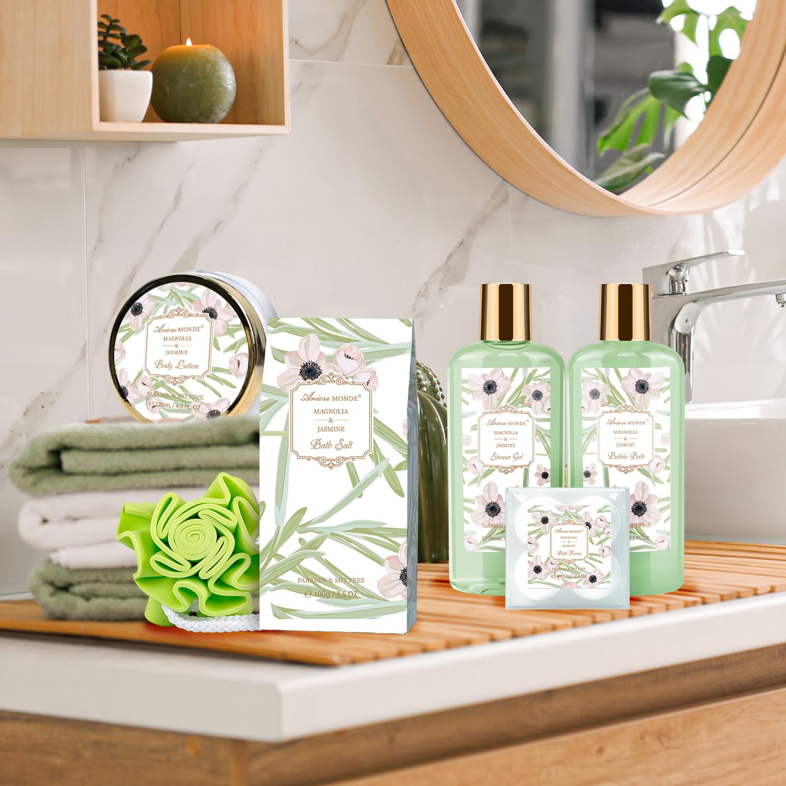 ArioseMonde bubble bath bottle delivers rich foam for pampering bath sessions.