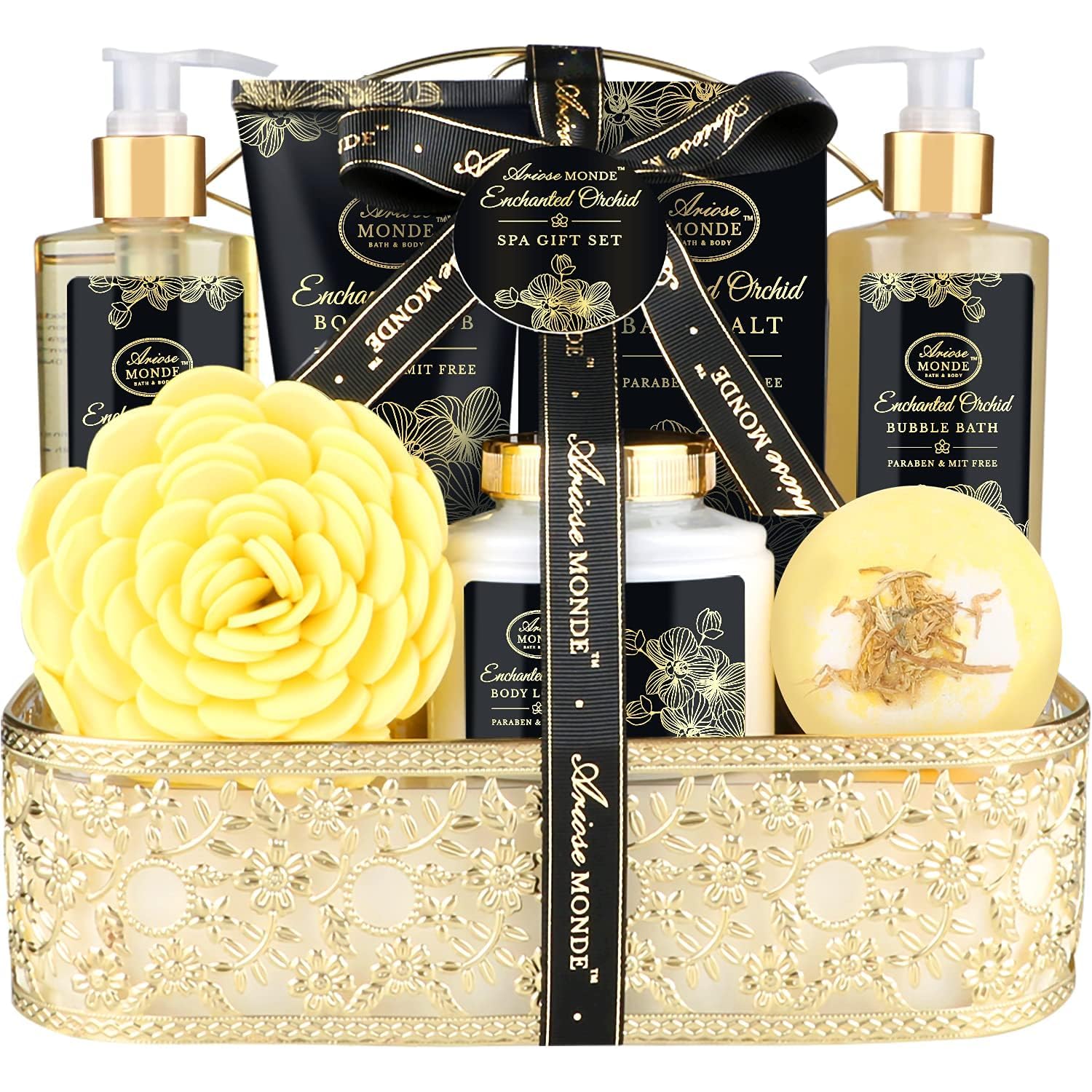 ArioseMonde enchanted orchid spa kit basket showcasing premium home spa experience.