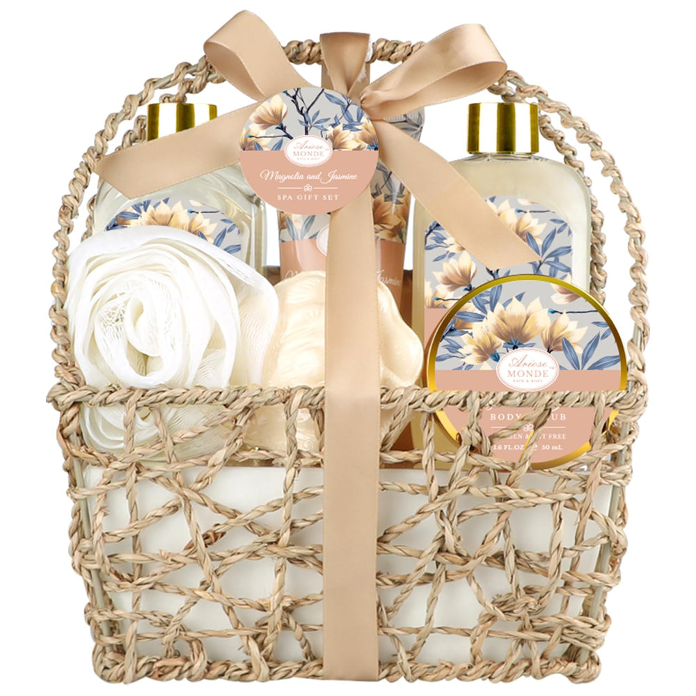 ArioseMonde home spa gift basket with Magnolia and Jasmine items for at-home relaxation
