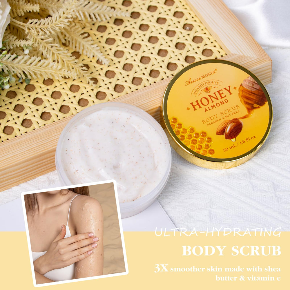 ArioseMonde Honey Almond Body Scrub in jar for silky skin