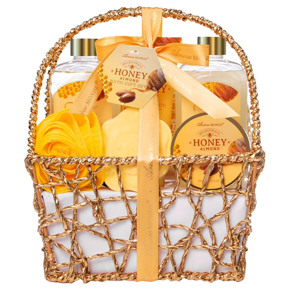 ArioseMonde Honey Almond Spa Gift Basket front view for gifting relaxation