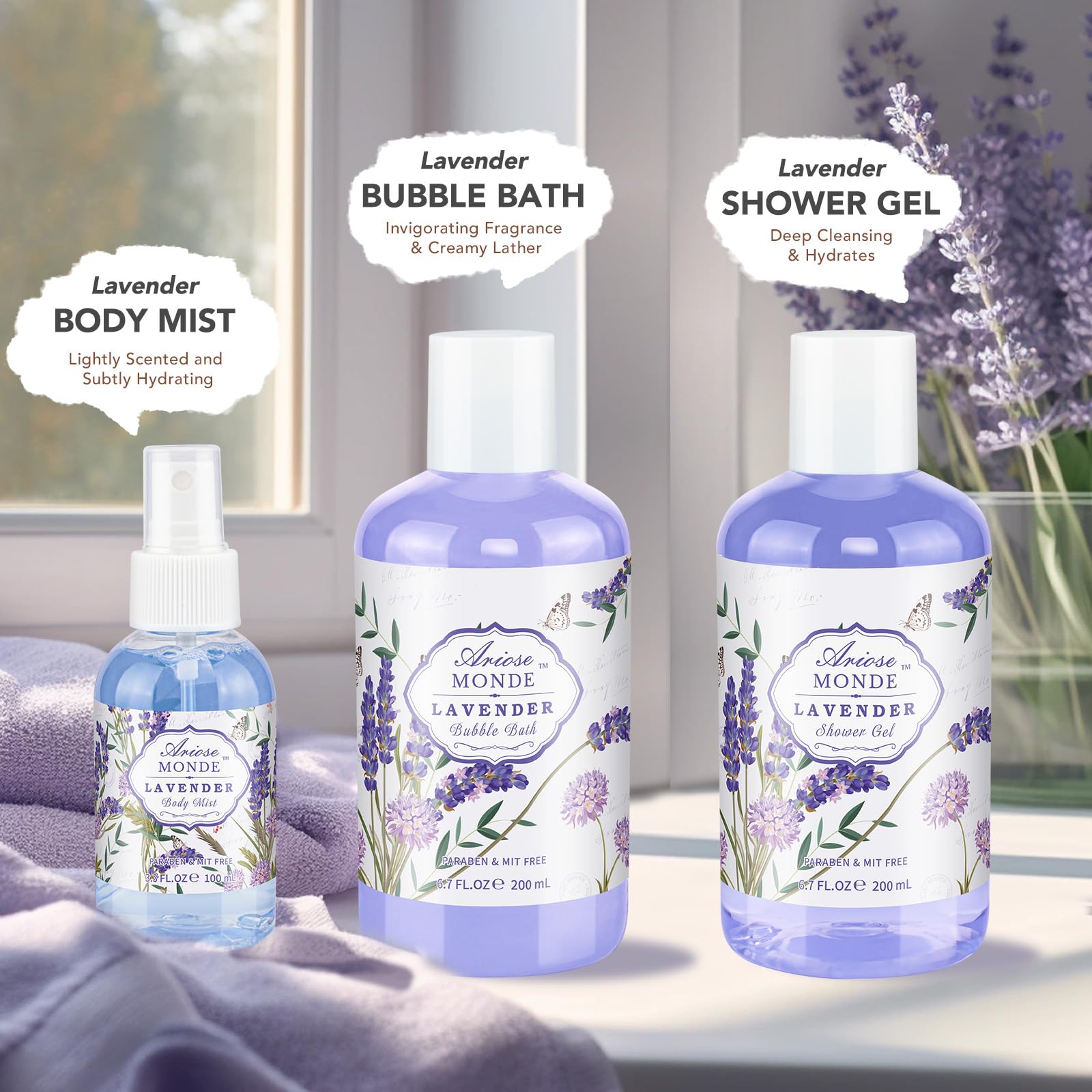 ArioseMonde shower gel bottle captures lavender aroma for refreshing daily cleansing.