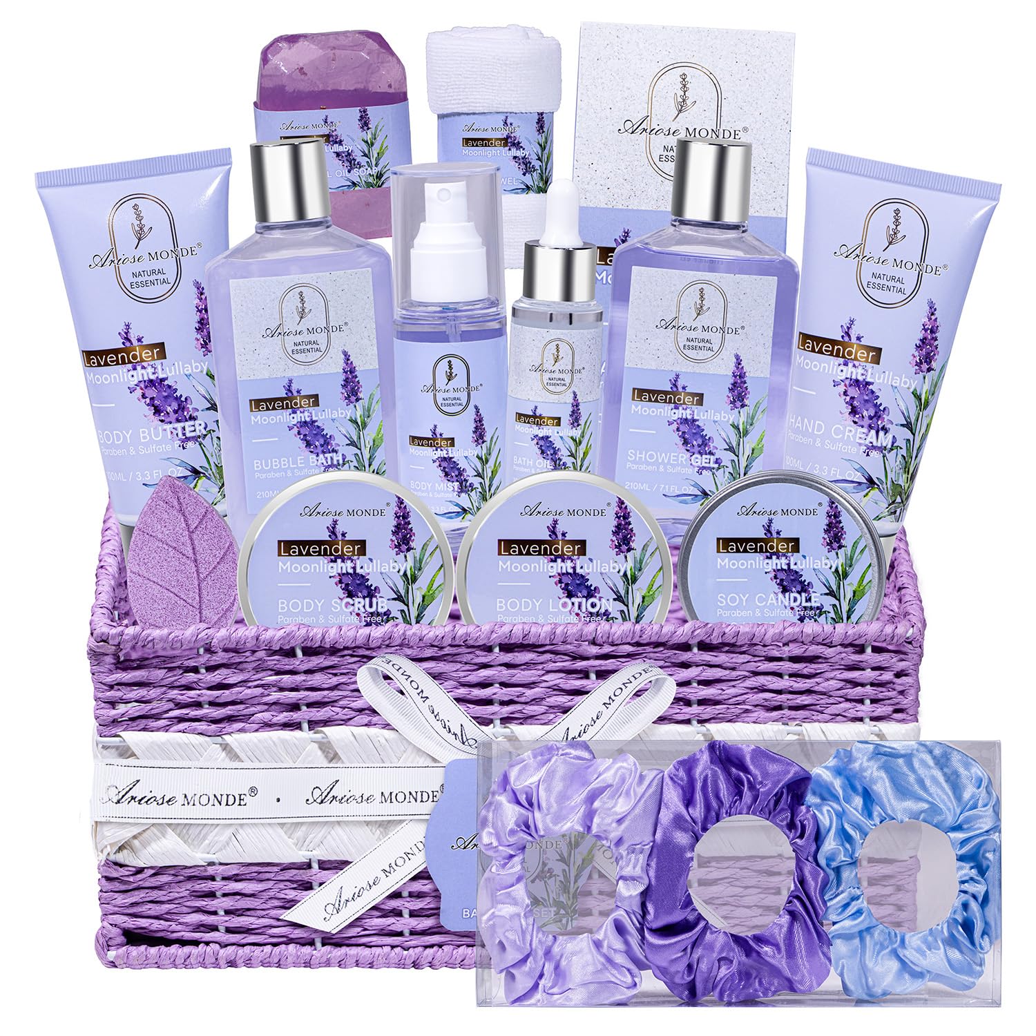 ArioseMonde lavender spa gift basket for relaxation and self-care rituals.