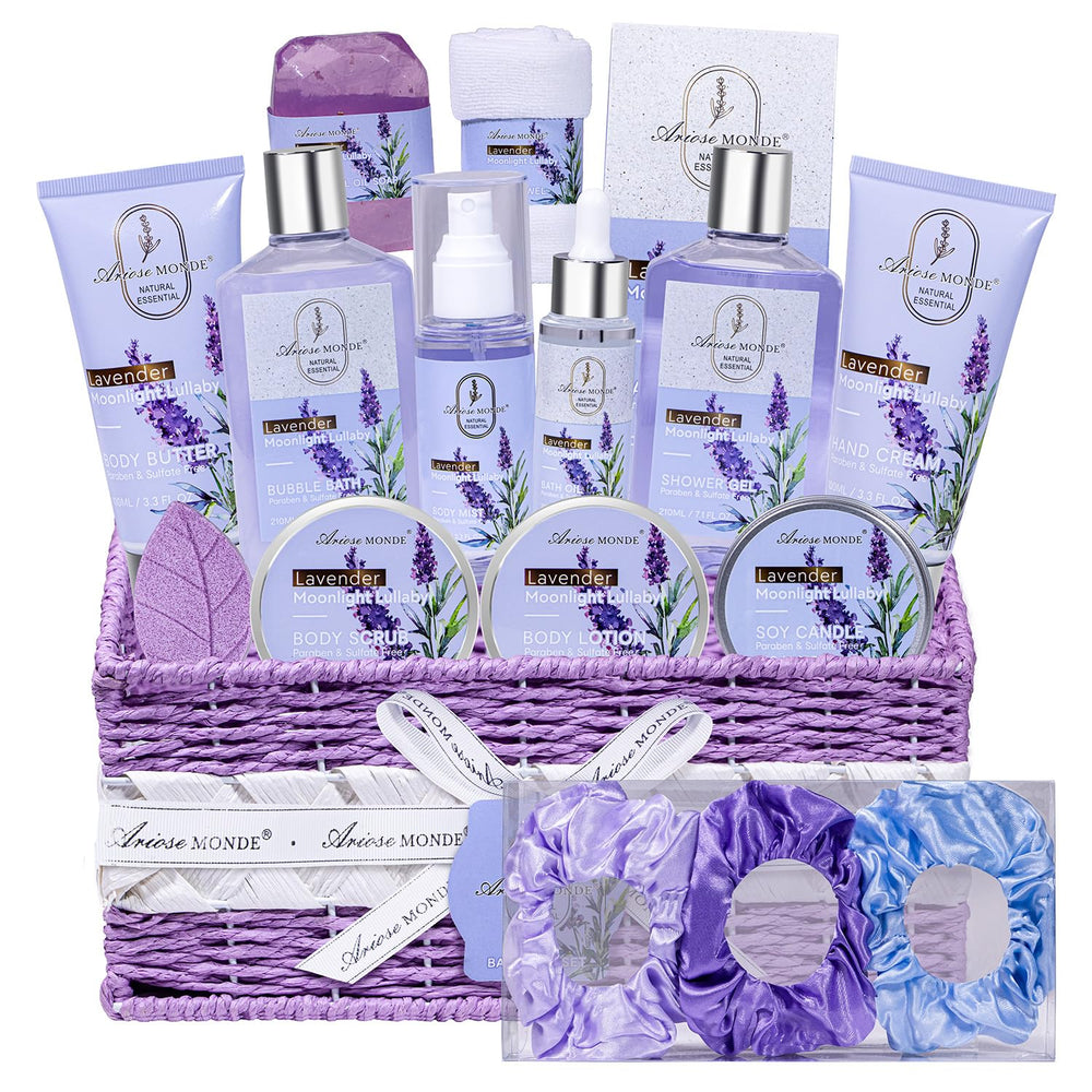 ArioseMonde lavender spa gift basket for relaxation and self-care rituals.