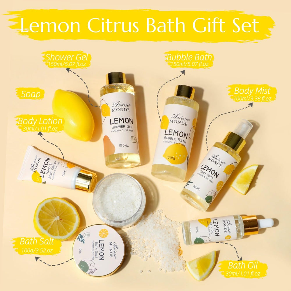 ArioseMonde lemon gift box shows bubble bath for relaxing, scented soak.
