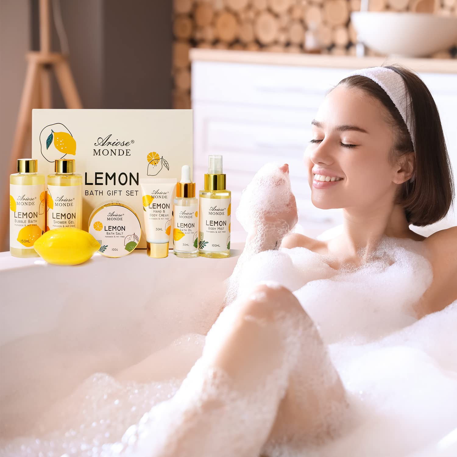 ArioseMonde lemon bath oil bottle shown for spa-like bath enhancement.