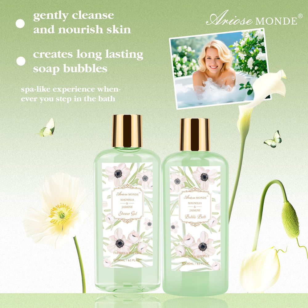 ArioseMonde Magnolia Jasmine fragrance evokes calming relaxation during a soak.