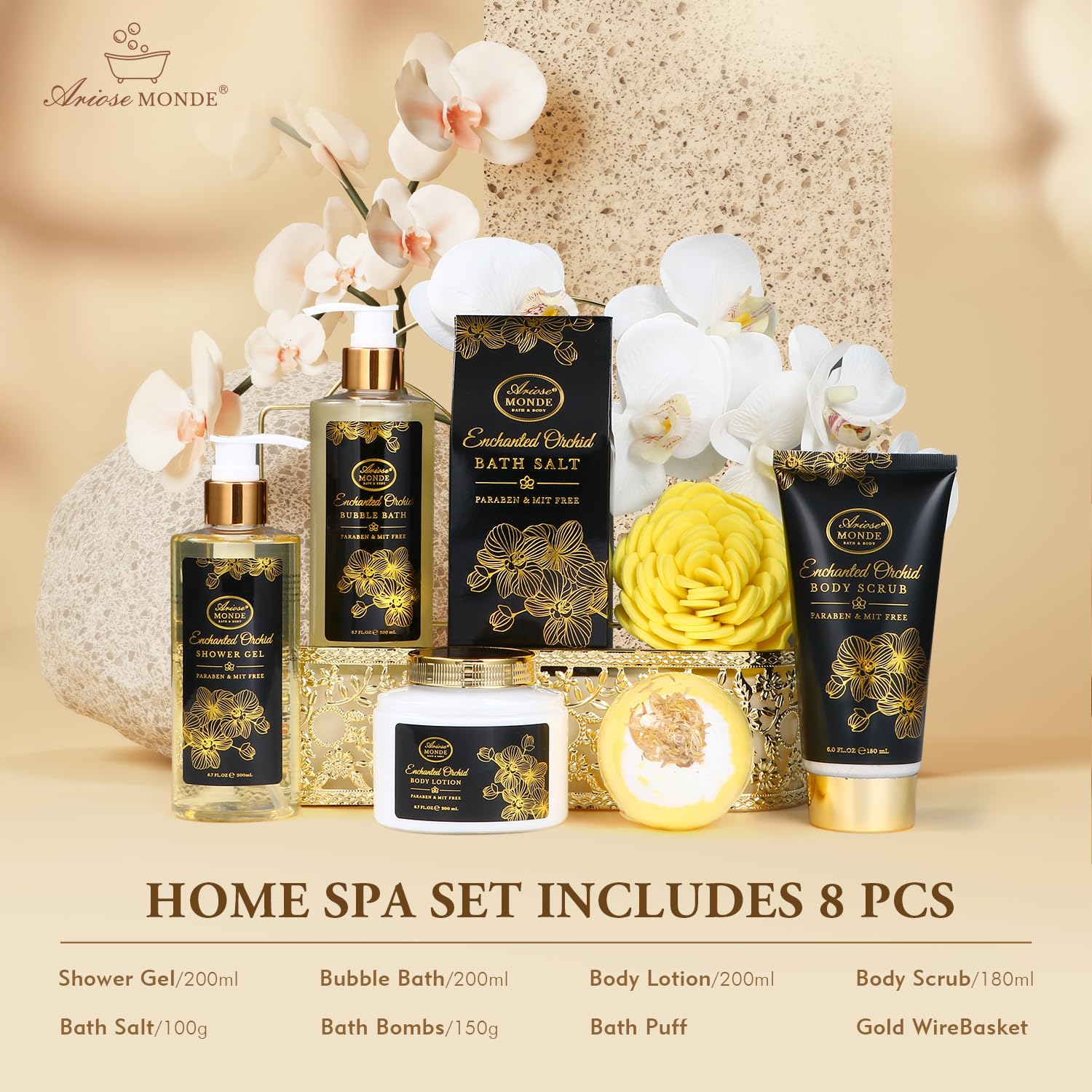 ArioseMonde orchid scent bubble bath highlights soothing aromatherapy and relaxation.