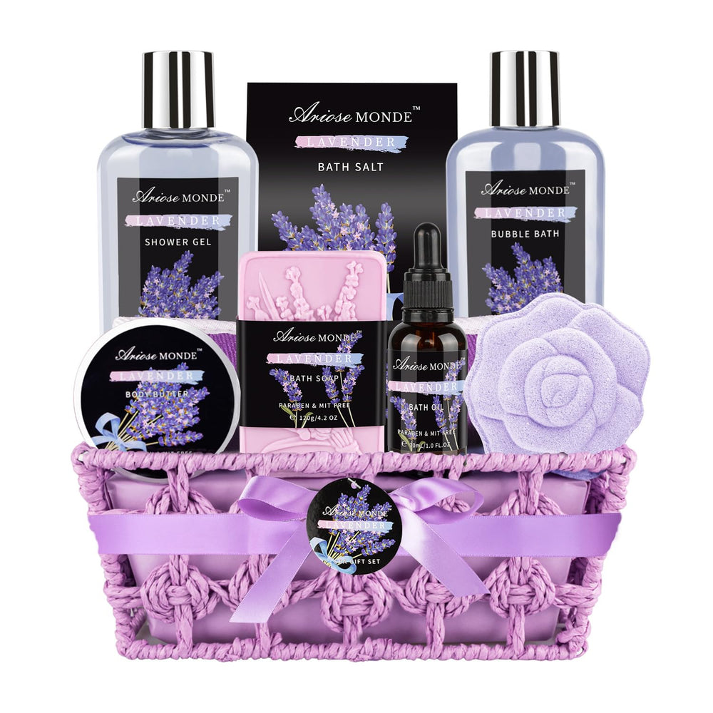 ArioseMonde spa gift basket lavender front view for a relaxing home spa ritual