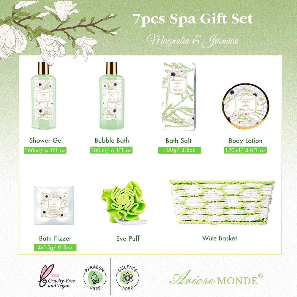 ArioseMonde spa gift set components display the 7-piece collection for a complete home spa.