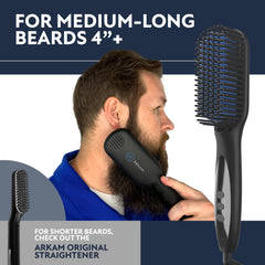 Arkam beard straightener demonstrates ionic frizz control for sleek beard finish.