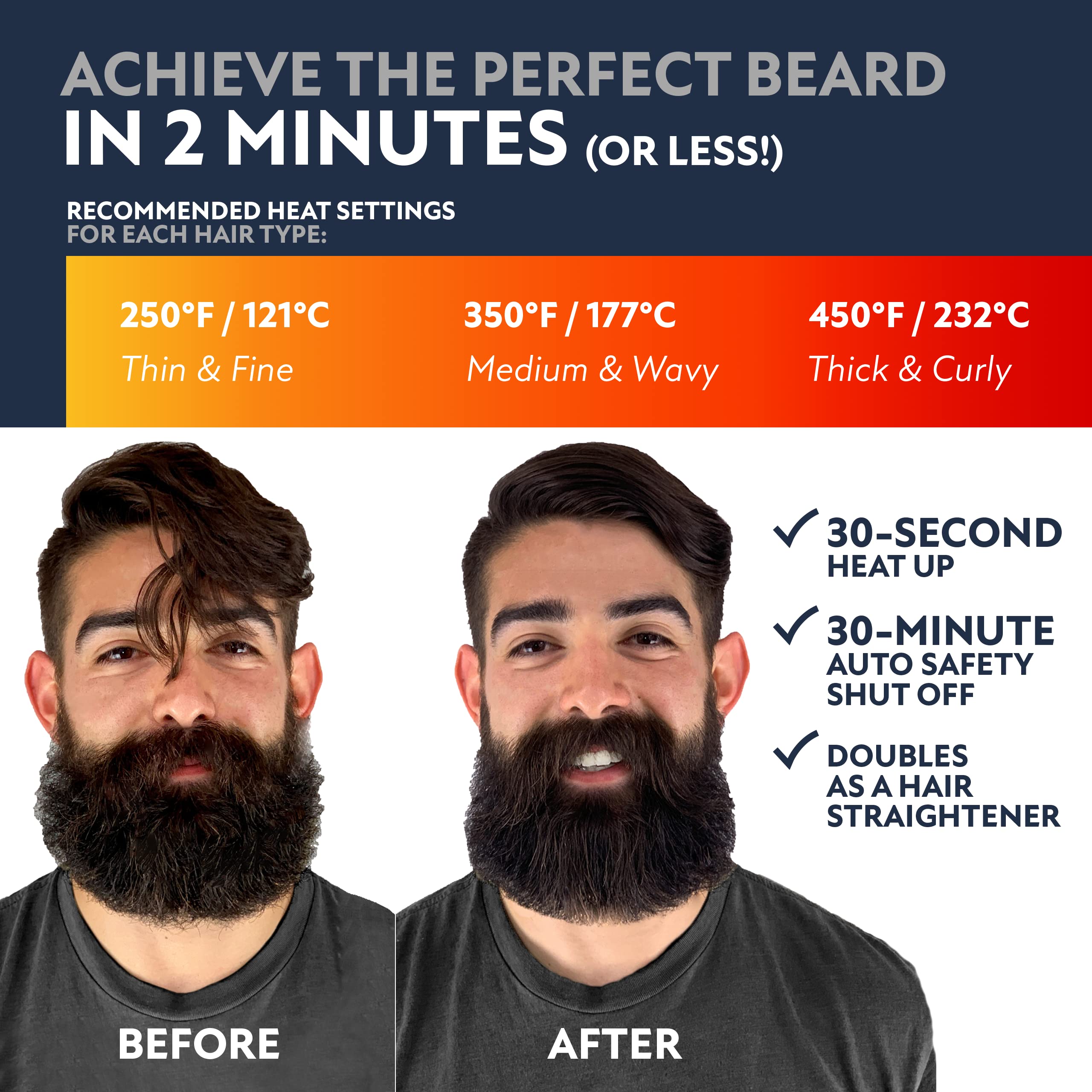 Arkam beard straightener highlights single-stroke technology for faster, smoother styling.