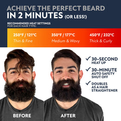 Arkam beard straightener highlights single-stroke technology for faster, smoother styling.