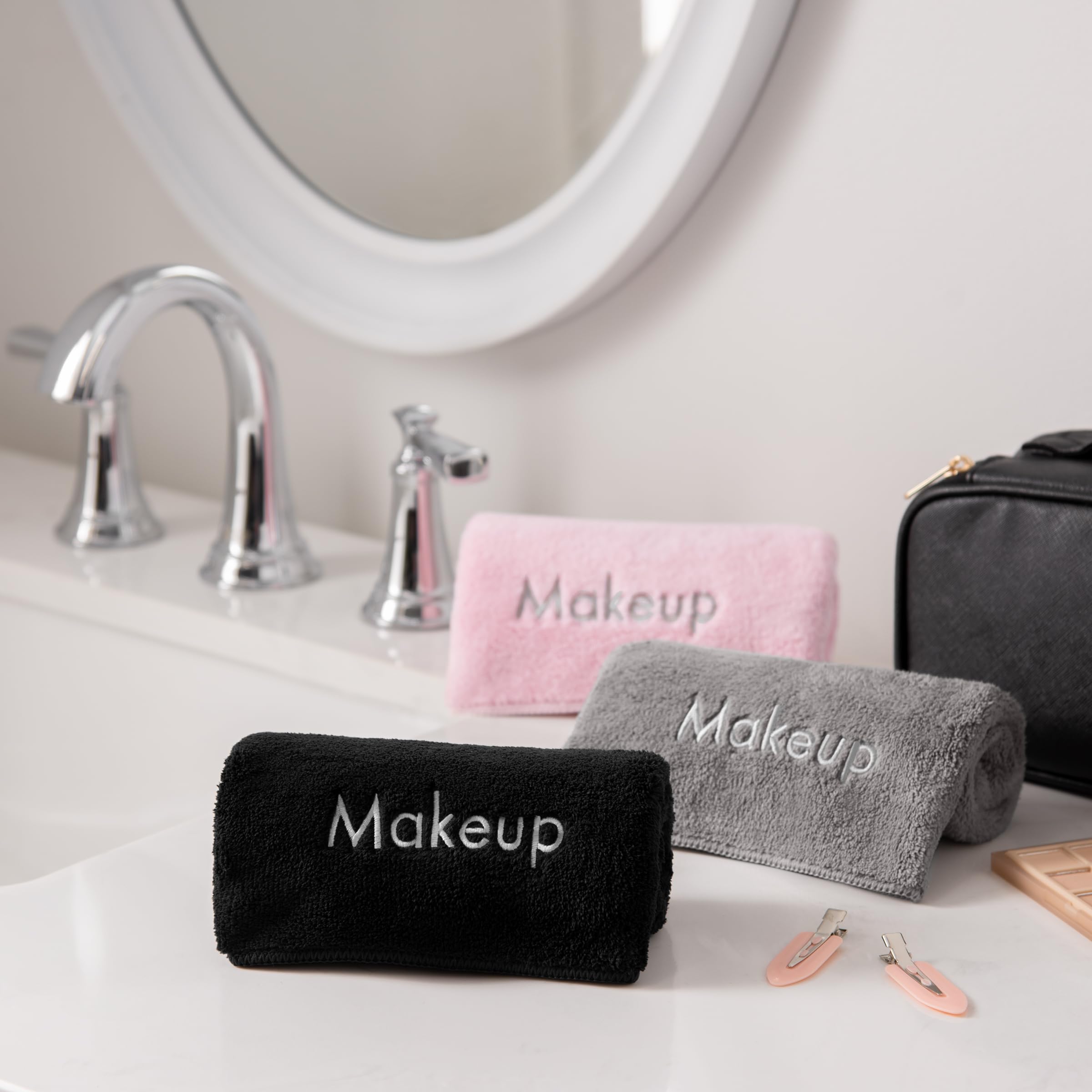 Arkwright makeup towels 13x13 black size shown on vanity