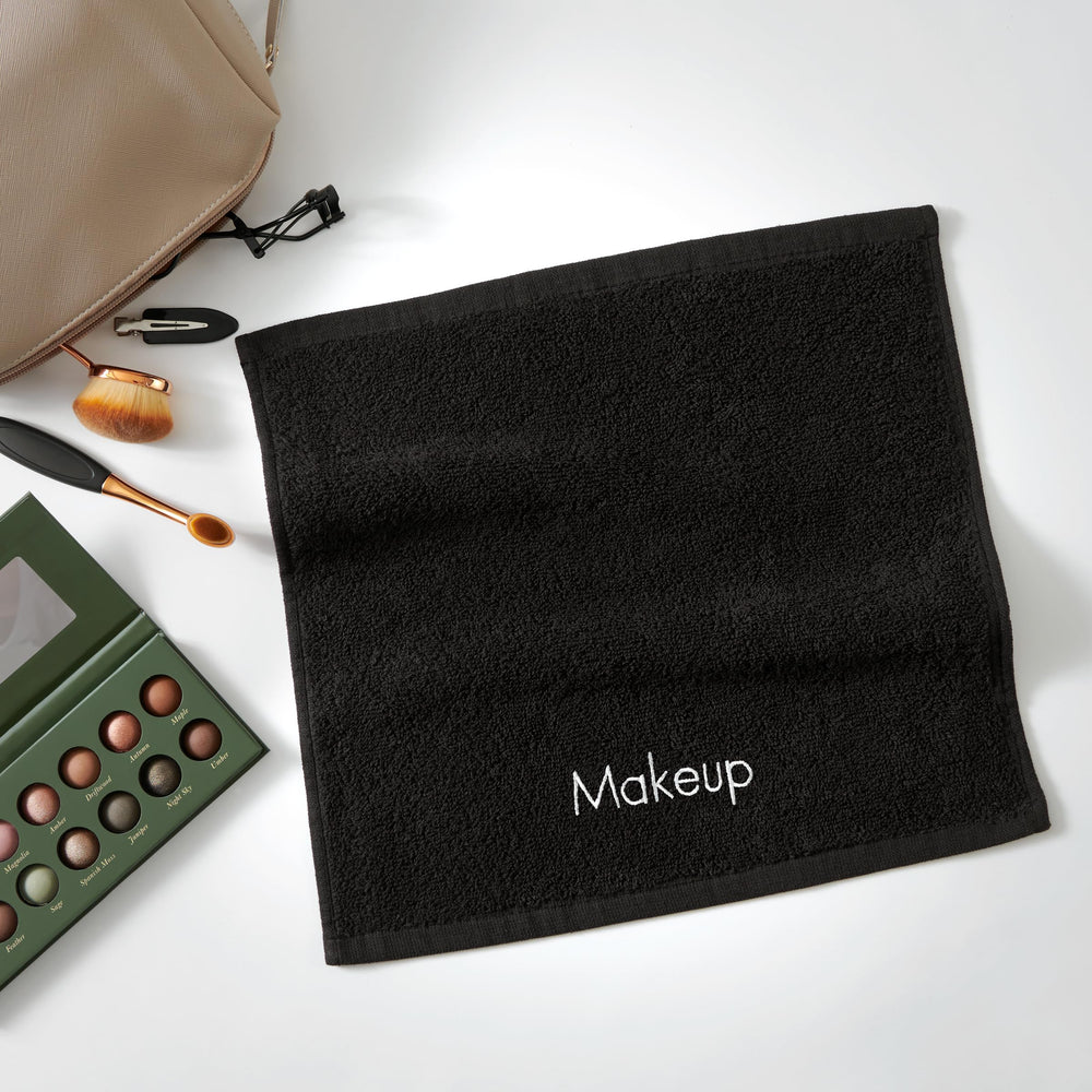 Arkwright Makeup Towels embroidery detail with 'makeup' for stylish bathroom decor.