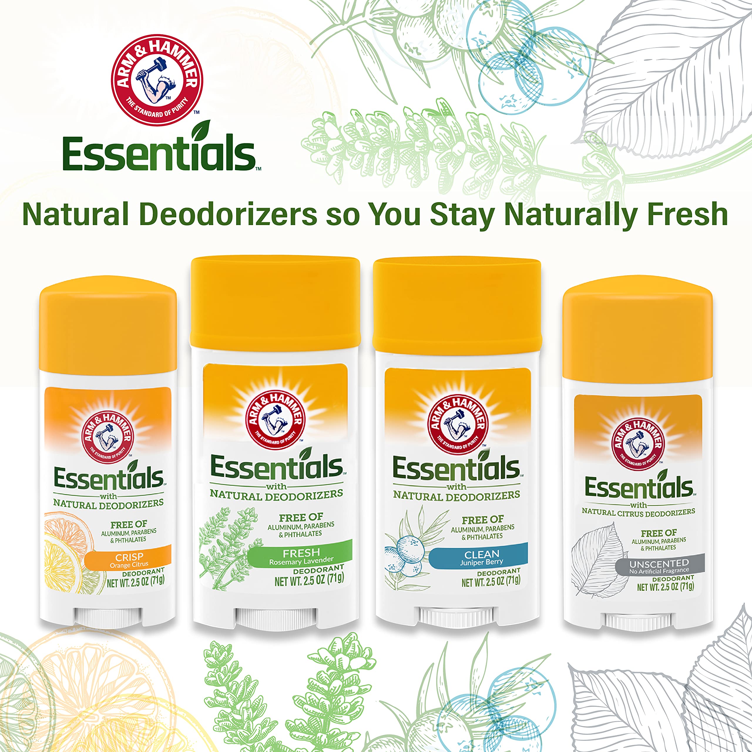 Arm & Hammer Essentials deodorant heritage highlights baking soda purity and trusted legacy.